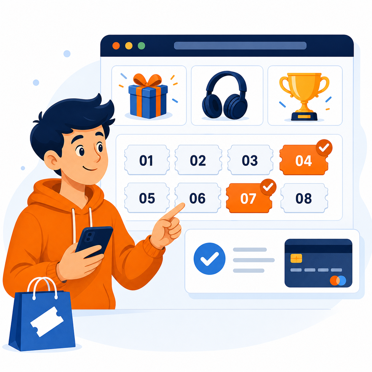 Cartoon customer selecting tickets and checking out